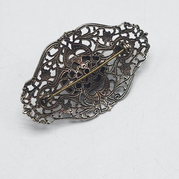 Antique Style Filigree Brooch With Purple Cabochon Stone Floral Design - Picture 3 of 4